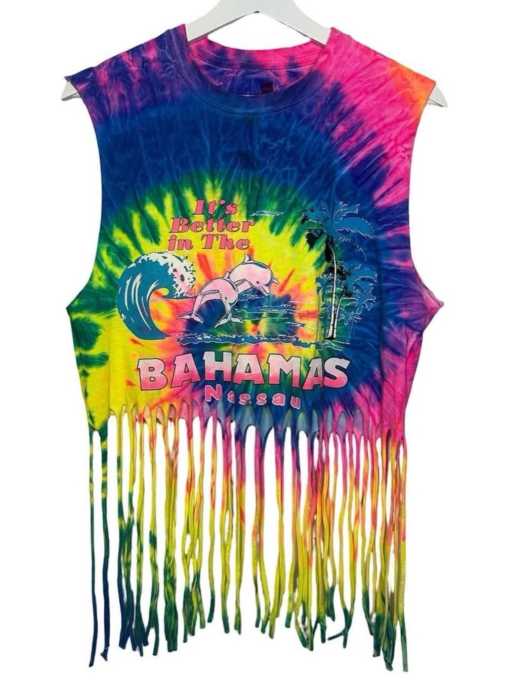 Bahamas Tie-Dye Fringe Tank Top - Pink/Blue/Yellow